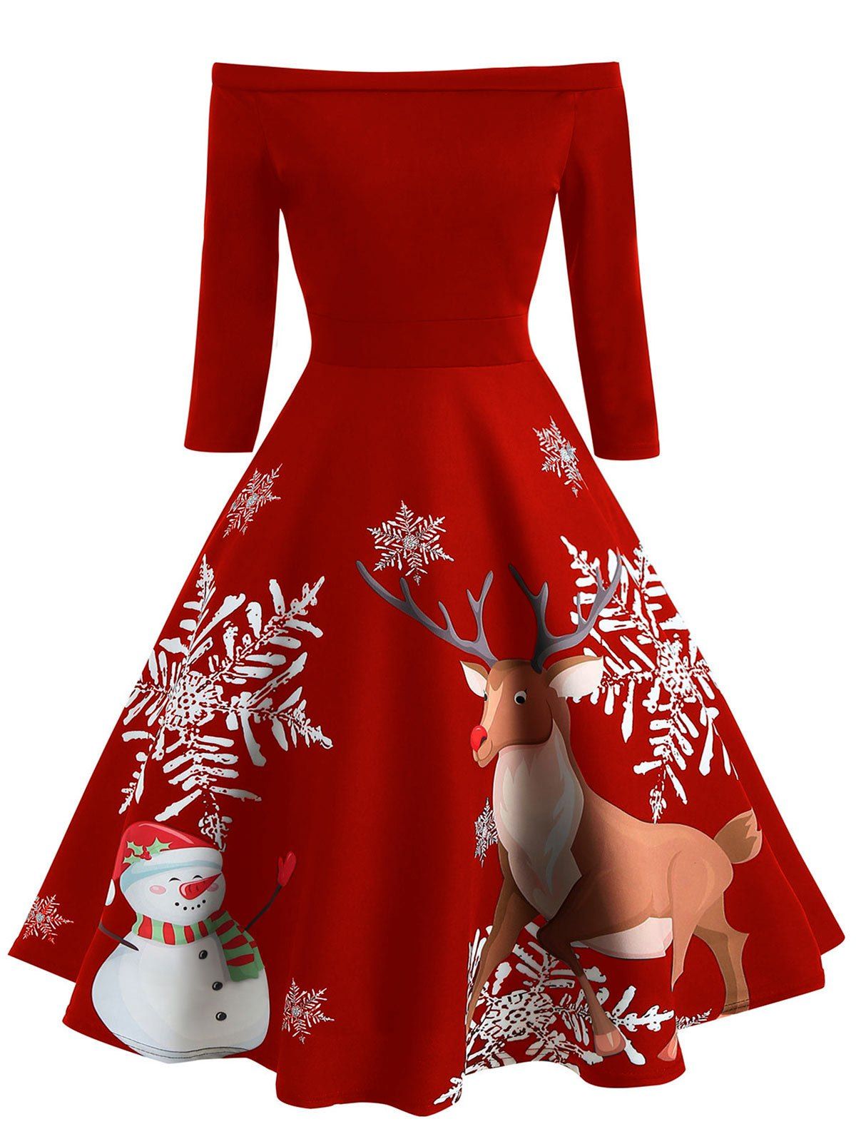 

Off The Shoulder Christmas Elk Print Dress, Red