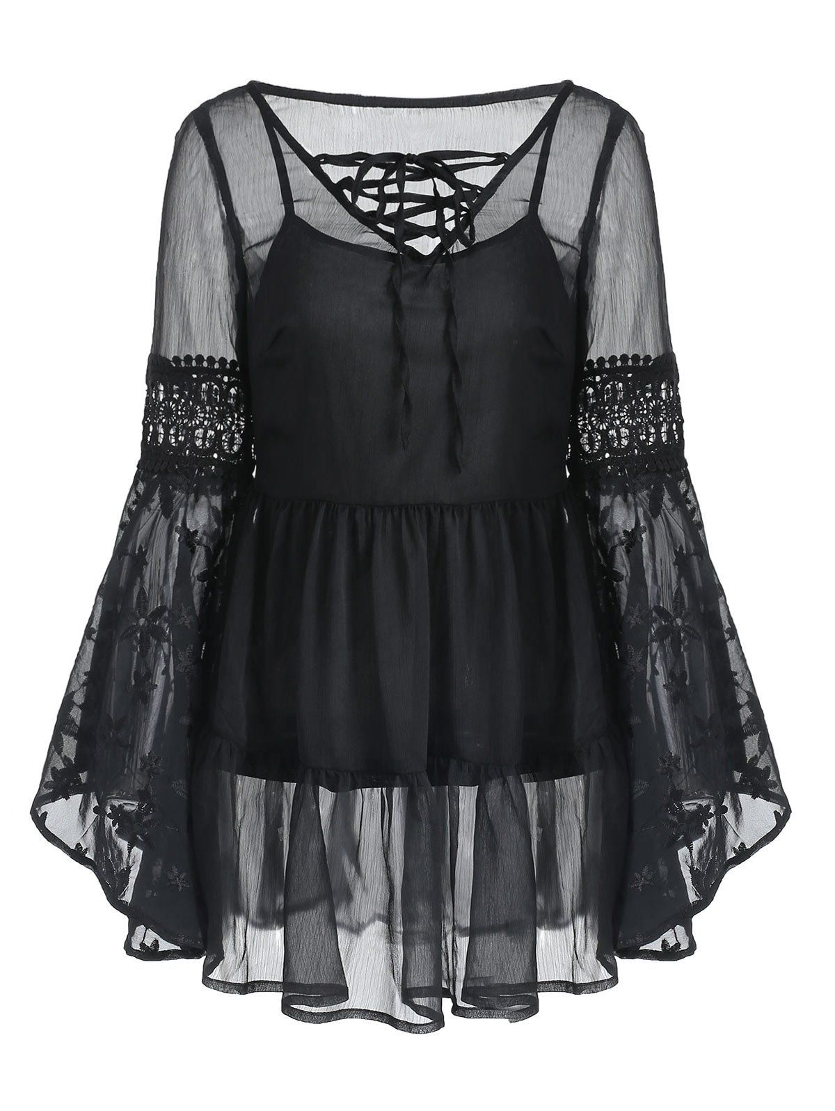 

Flare Sleeve Embroidered Blouse with Cami Top, Black