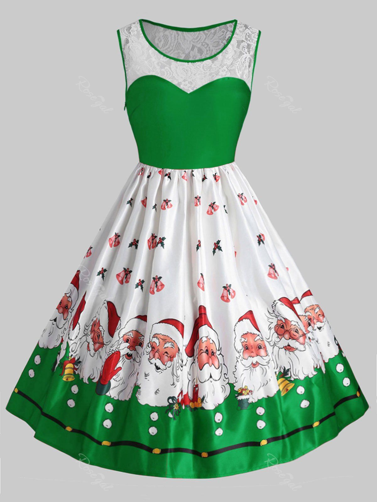 

Plus Size Vintage Lace Panel Christmas Santa Claus Dress, Green