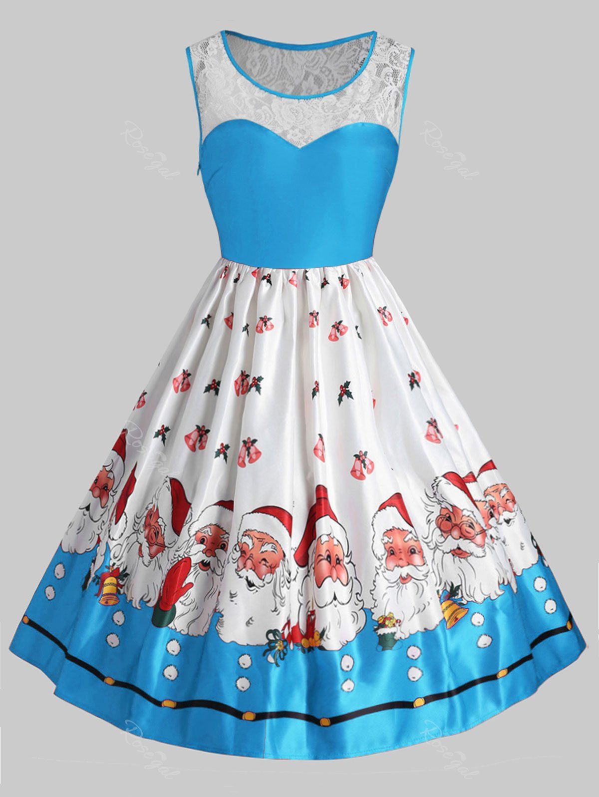 

Plus Size Vintage Lace Panel Christmas Santa Claus Dress, Deep sky blue