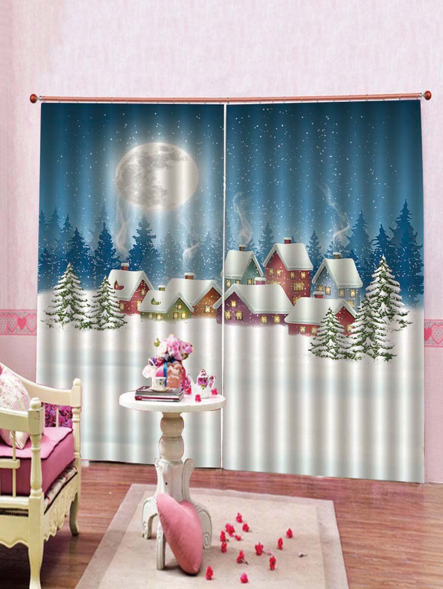

2PCS Galaxy and Christmas Houses Printed Window Curtains, Multi