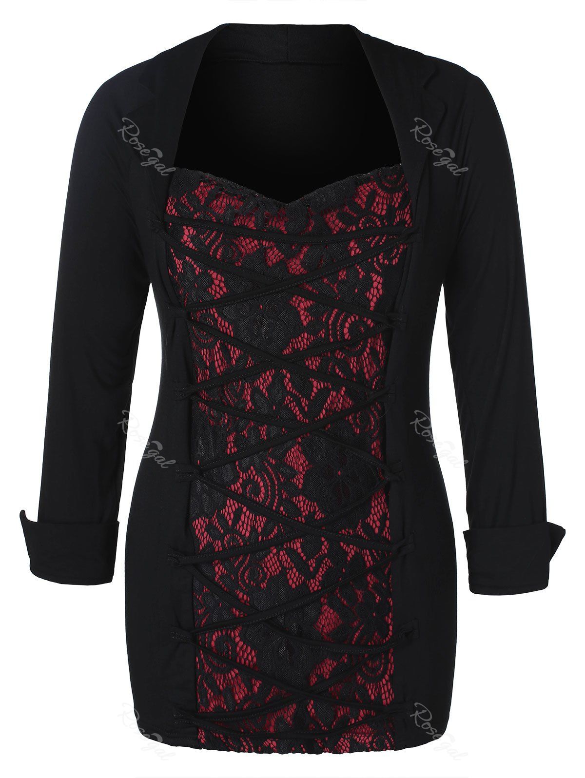 

Sweetheart Neck Lace Panel Criss Cross Plus Size Top, Black