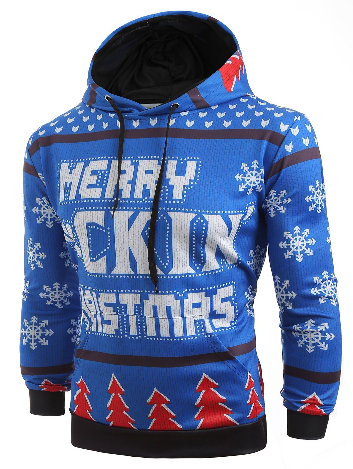 

Hooded Christmas Tree and Snowflake Printed Hoodie, Blue