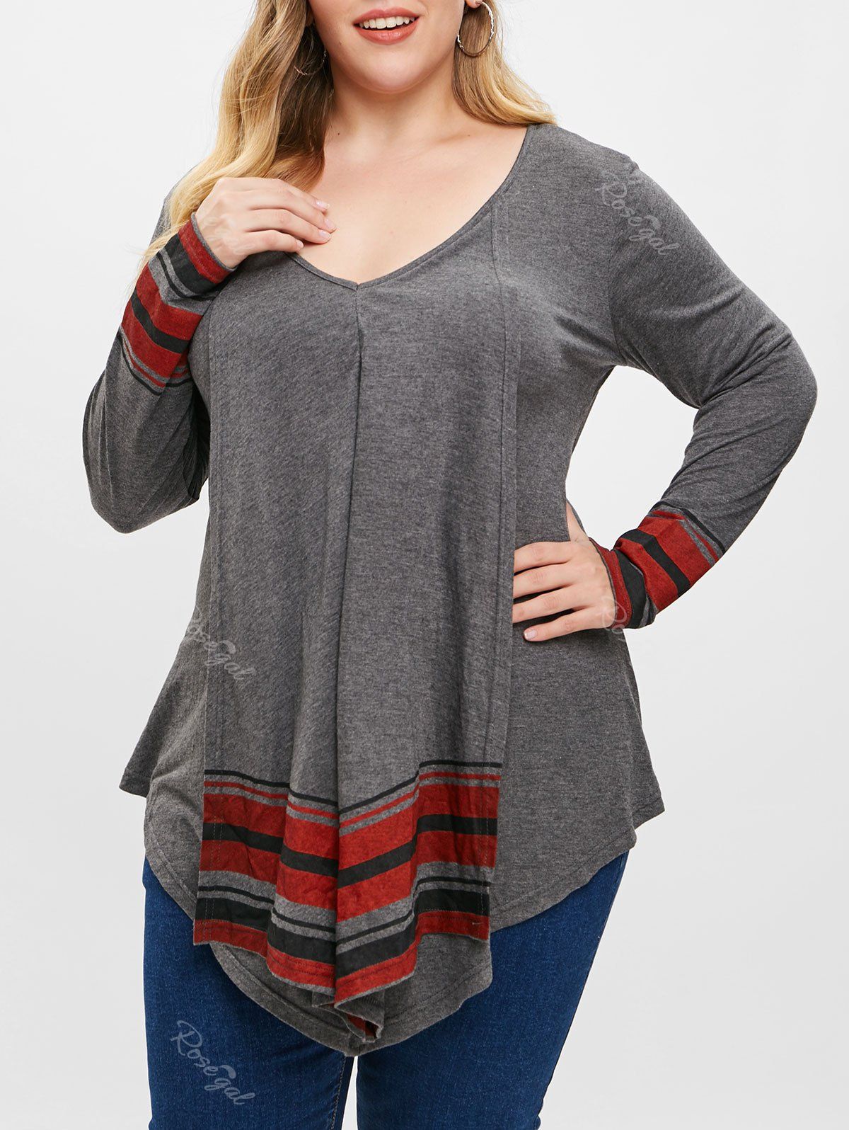 

Plus Size Low Cut Stripe Asymmetrical T-shirt, Gray