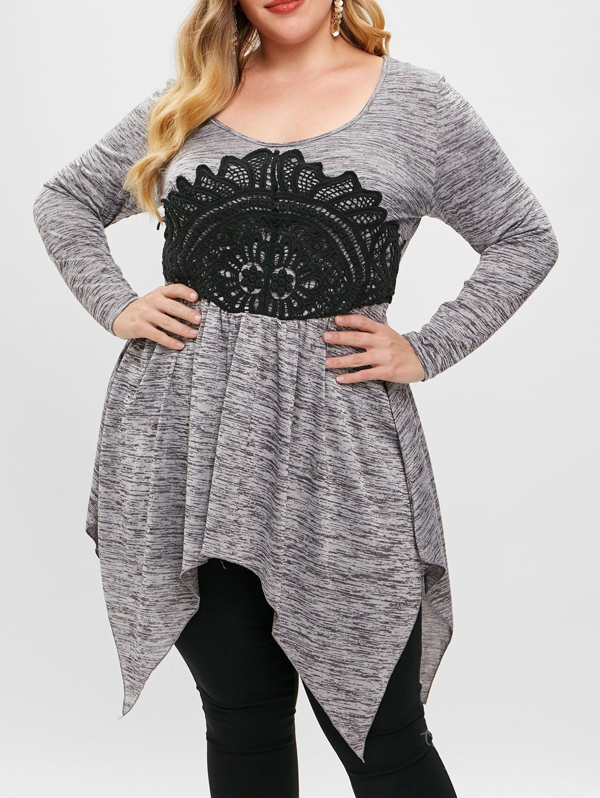 

Plus Size Lace Panel Handkerchief Space Dyed T-shirt, Gray cloud