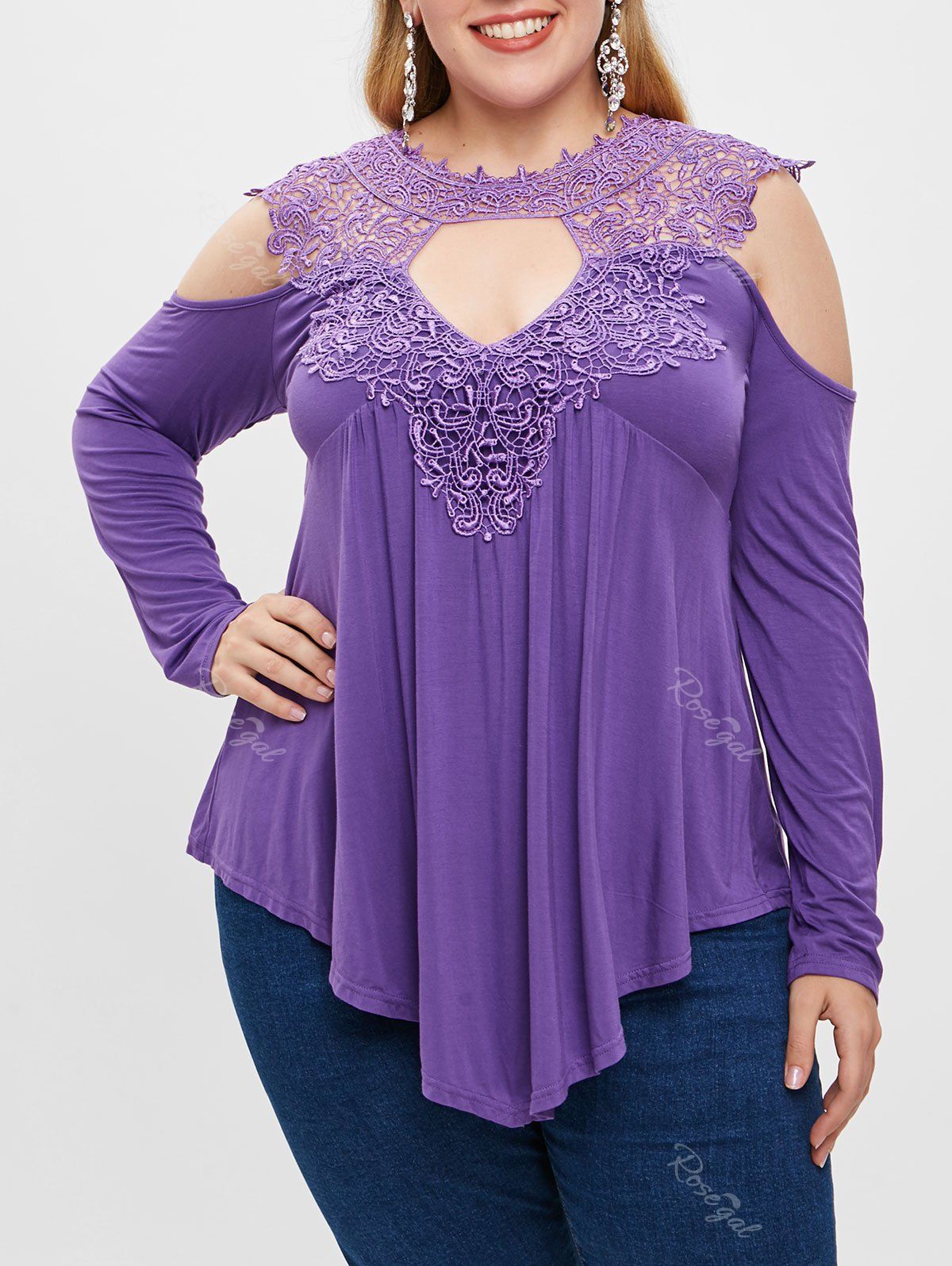 

Plus Size Keyhole Lace Panel Tunic Top, Purple