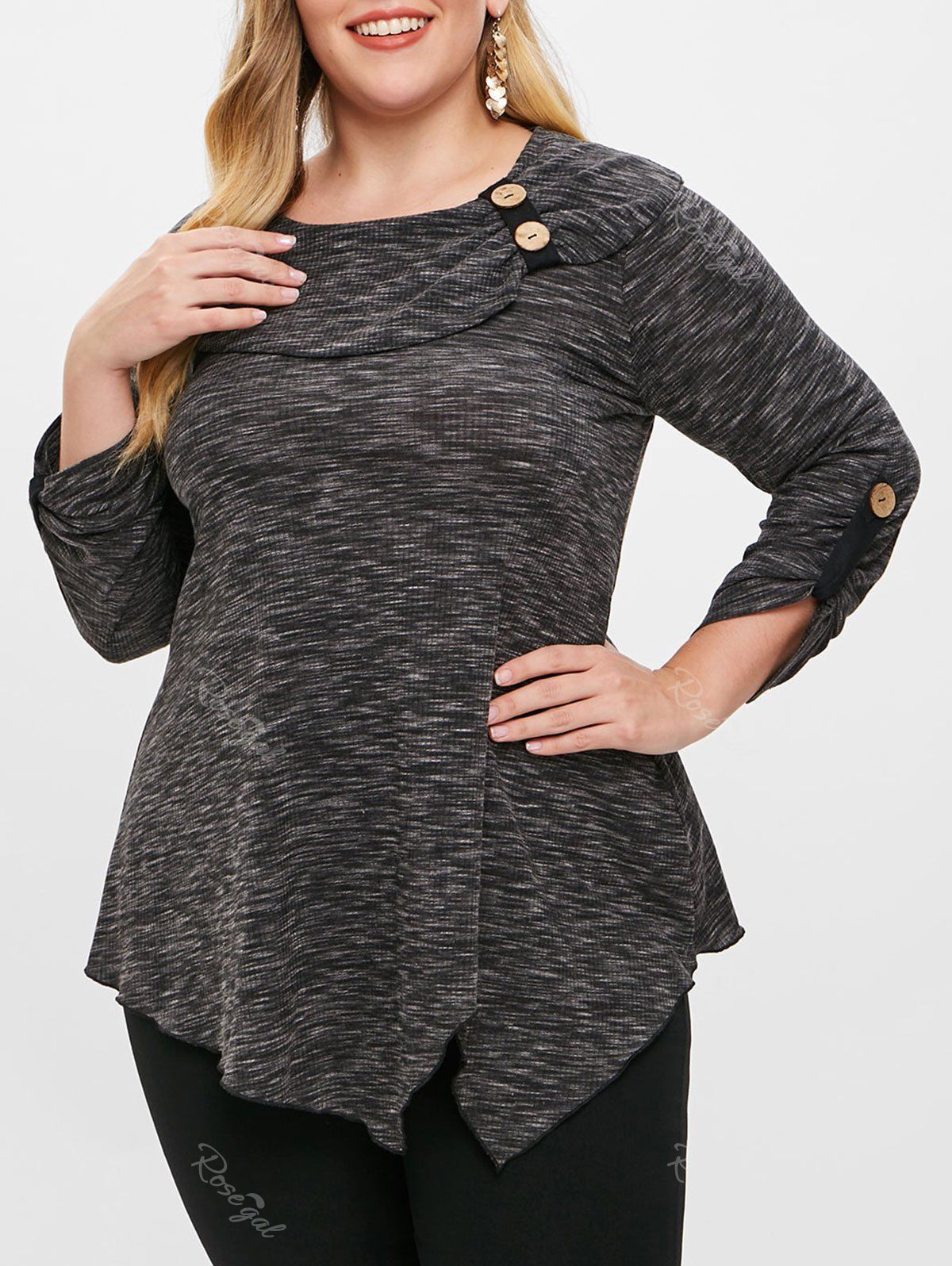 

Plus Size Buttoned Marled T-shirt, Black