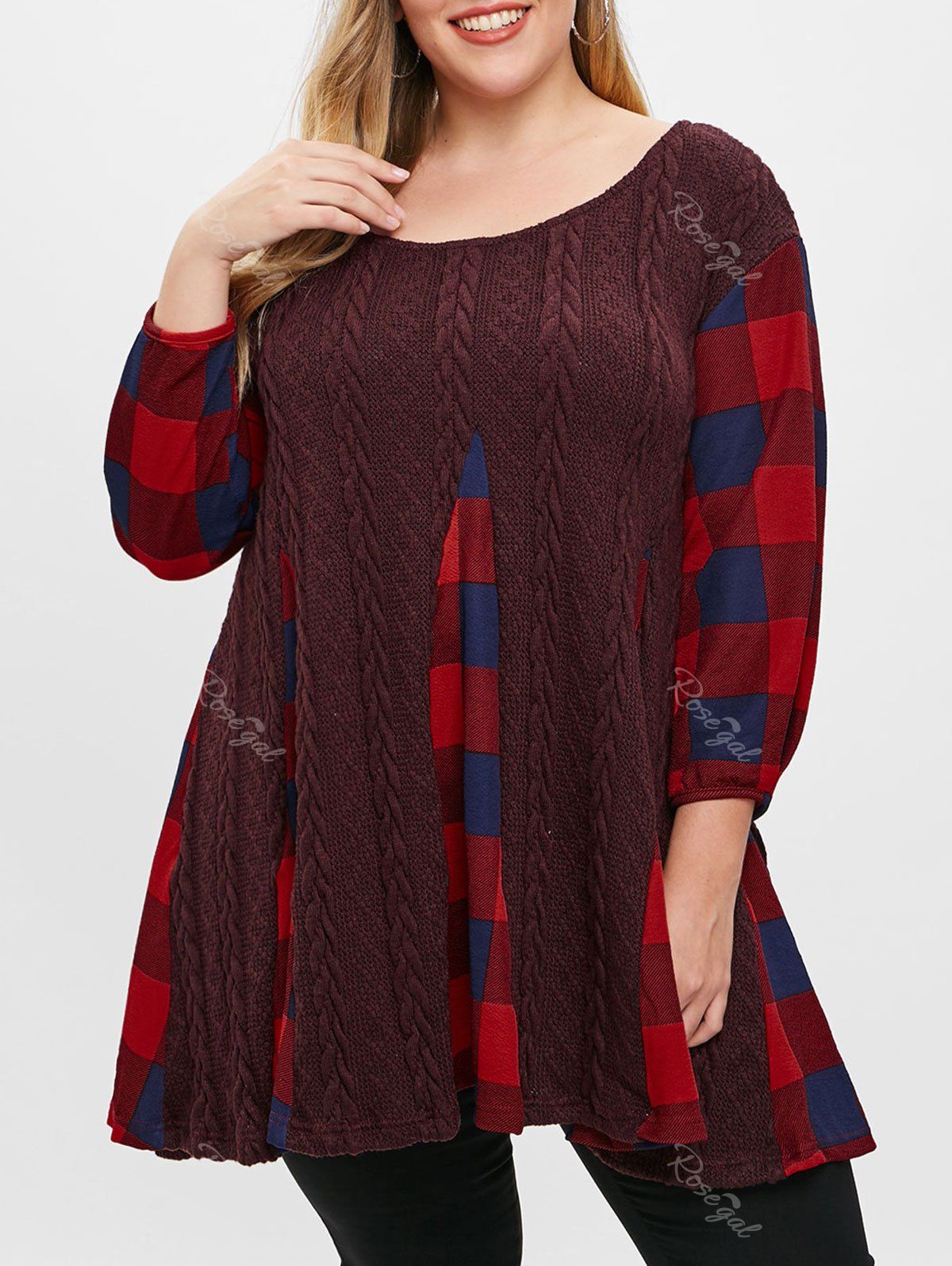 

Plus Size Plaid Knit Panel Top, Red wine