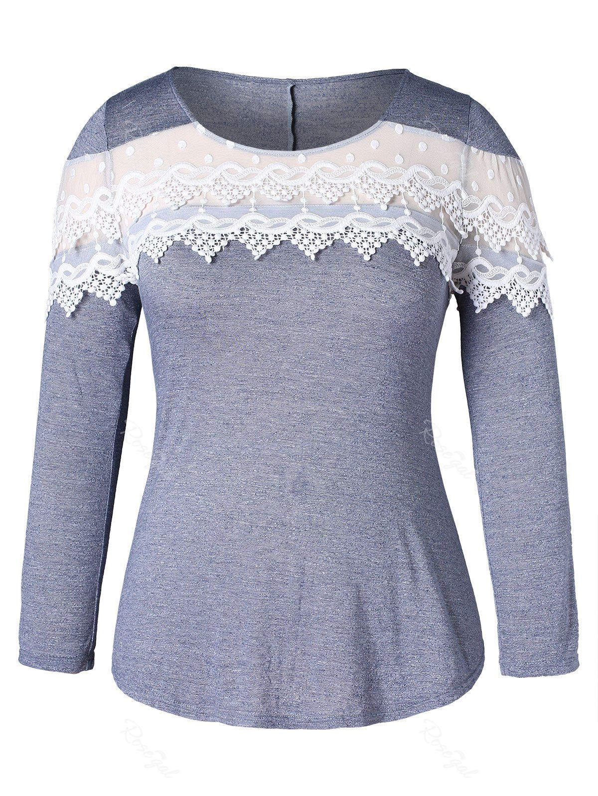 

Lace Applique Plus Size Round Neck T-shirt, Gray