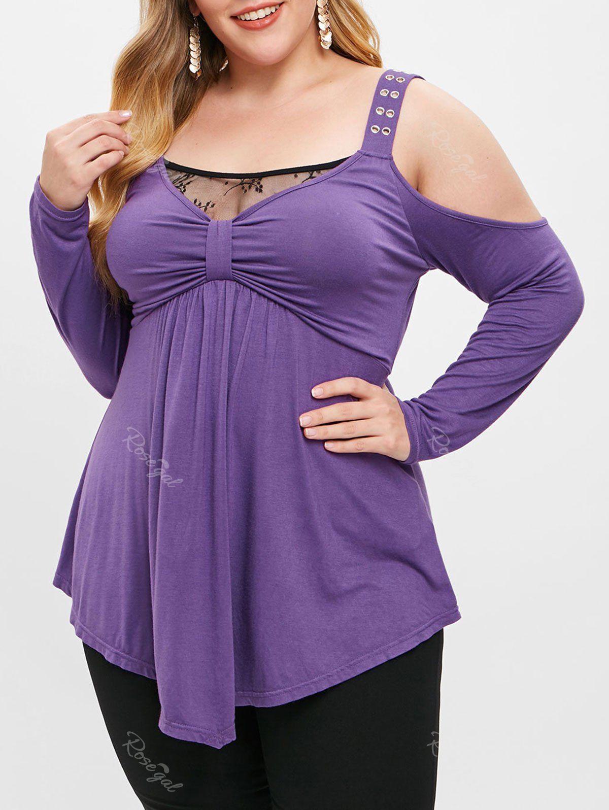 

Plus Size Bowknot Detail Open Shoulder T-shirt, Purple