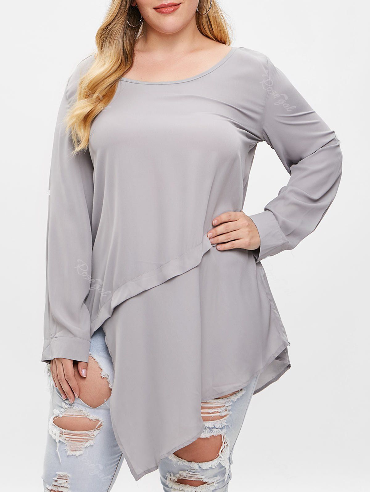 

Asymmetrical Layered Plus Size Blouse, Gray