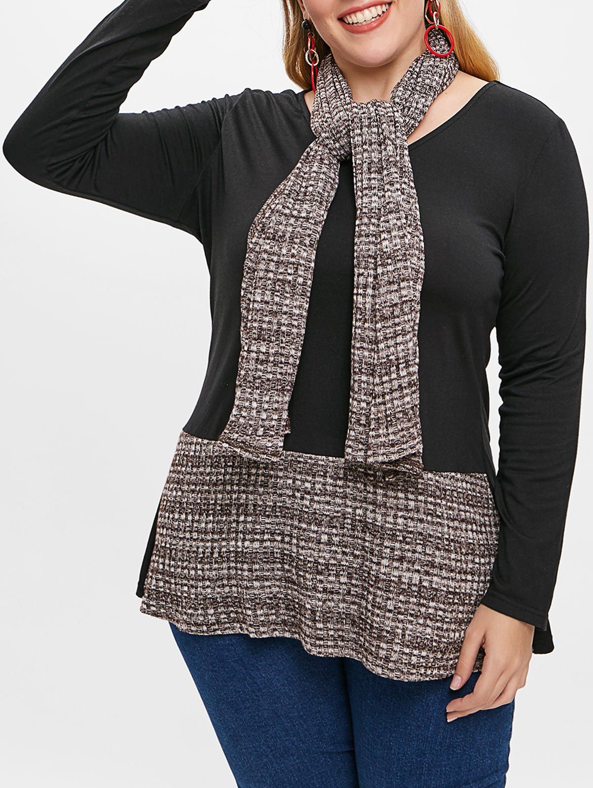 

V Neck Plus Size Color Block T-shirt with Scarf, Black