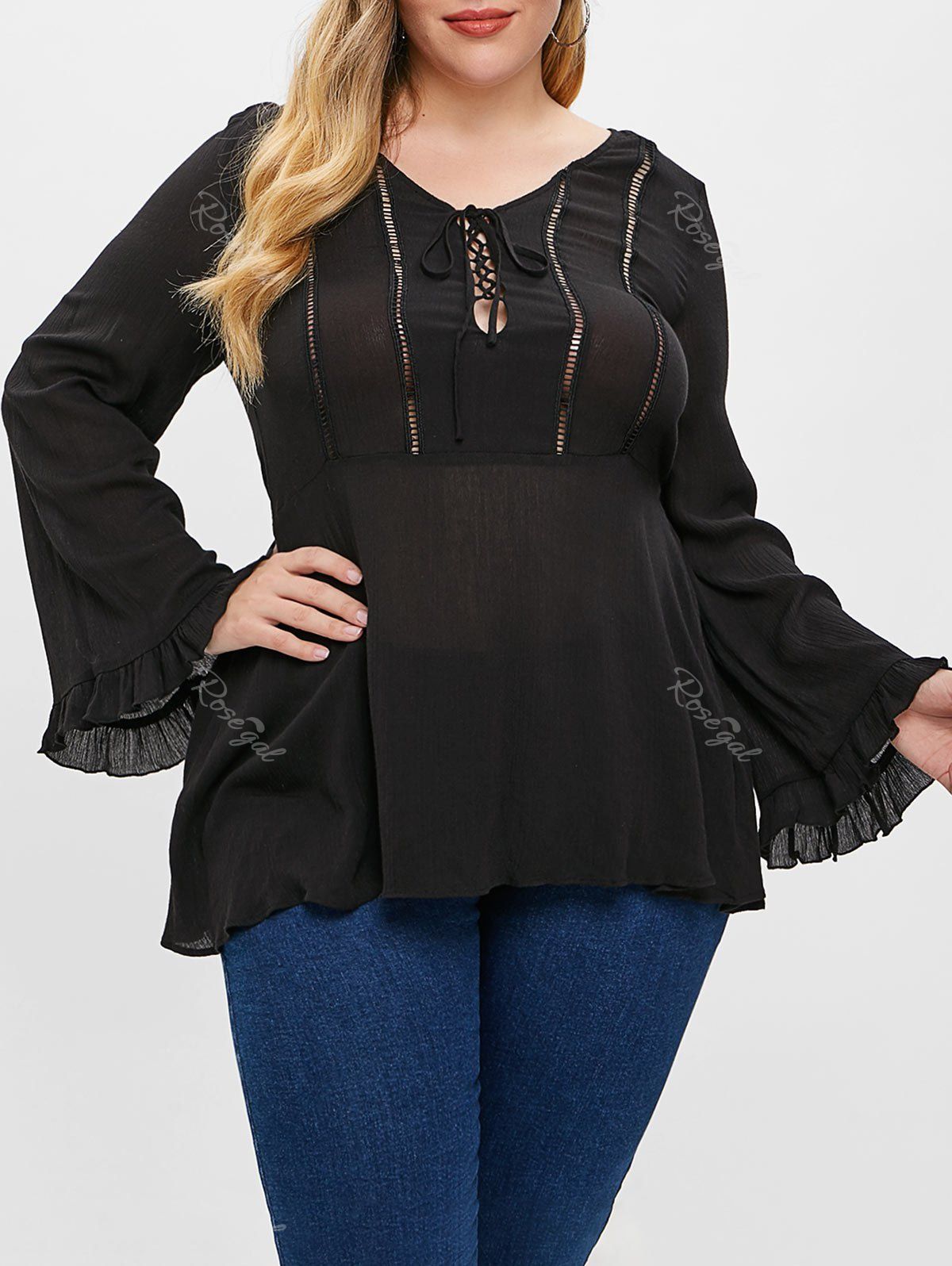 

Plus Size Lace Up Flare Blouse, Black