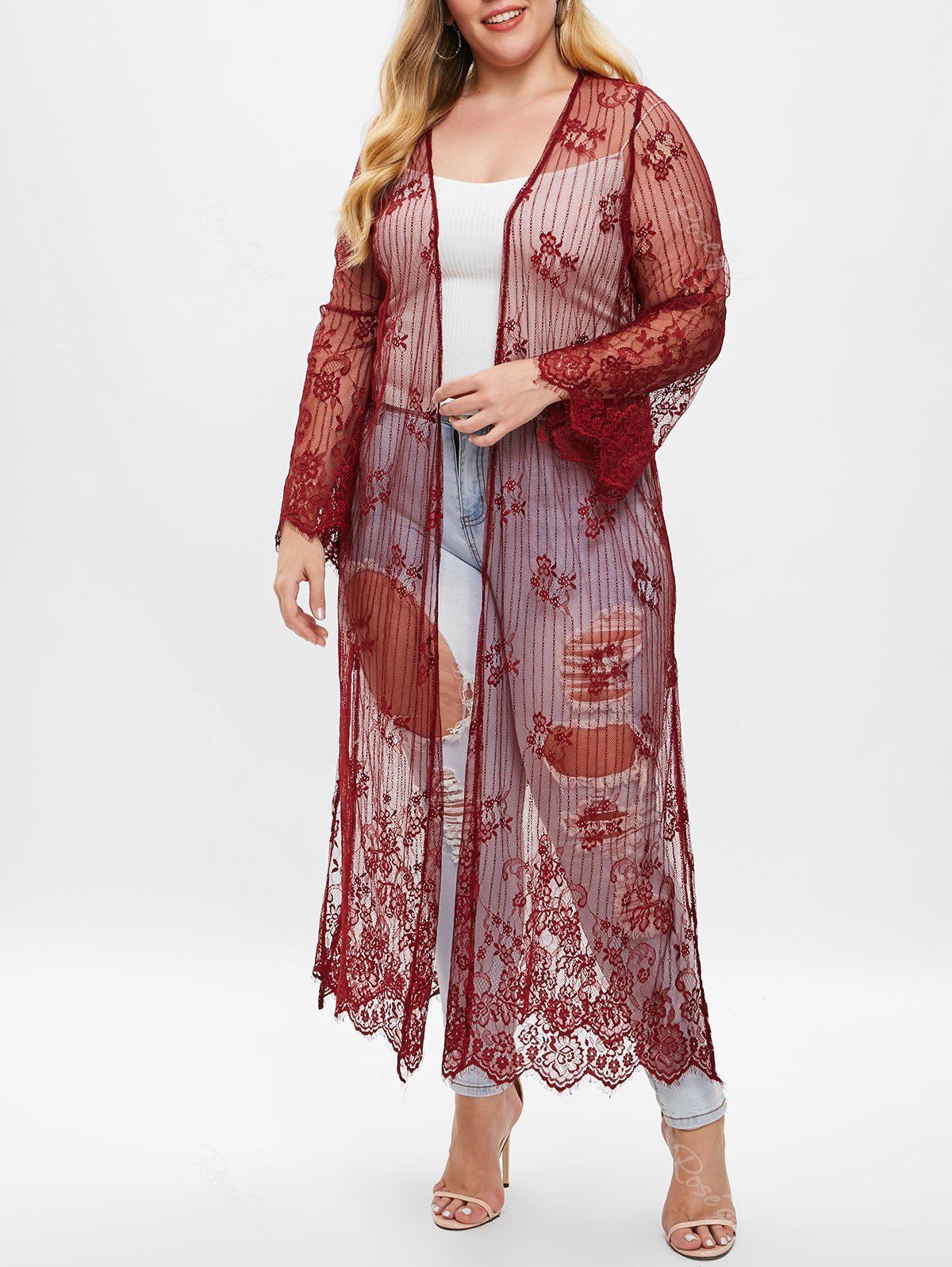 

Plus Size Longline Lace Coat, Red wine