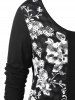 T-shirt Long Floral Bouton de Grande Taille à Manches Longues - Noir 1X