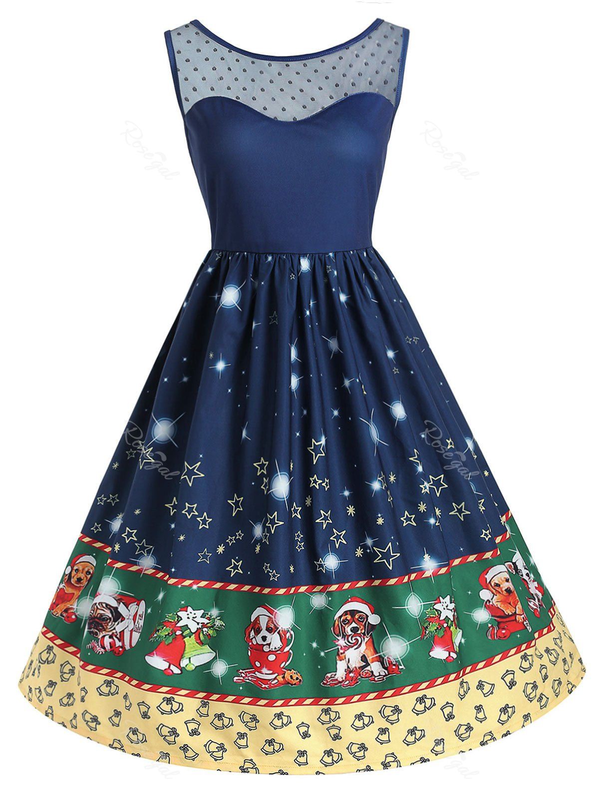 

Plus Size Christmas Printed Flare Dress with Mesh, Blue