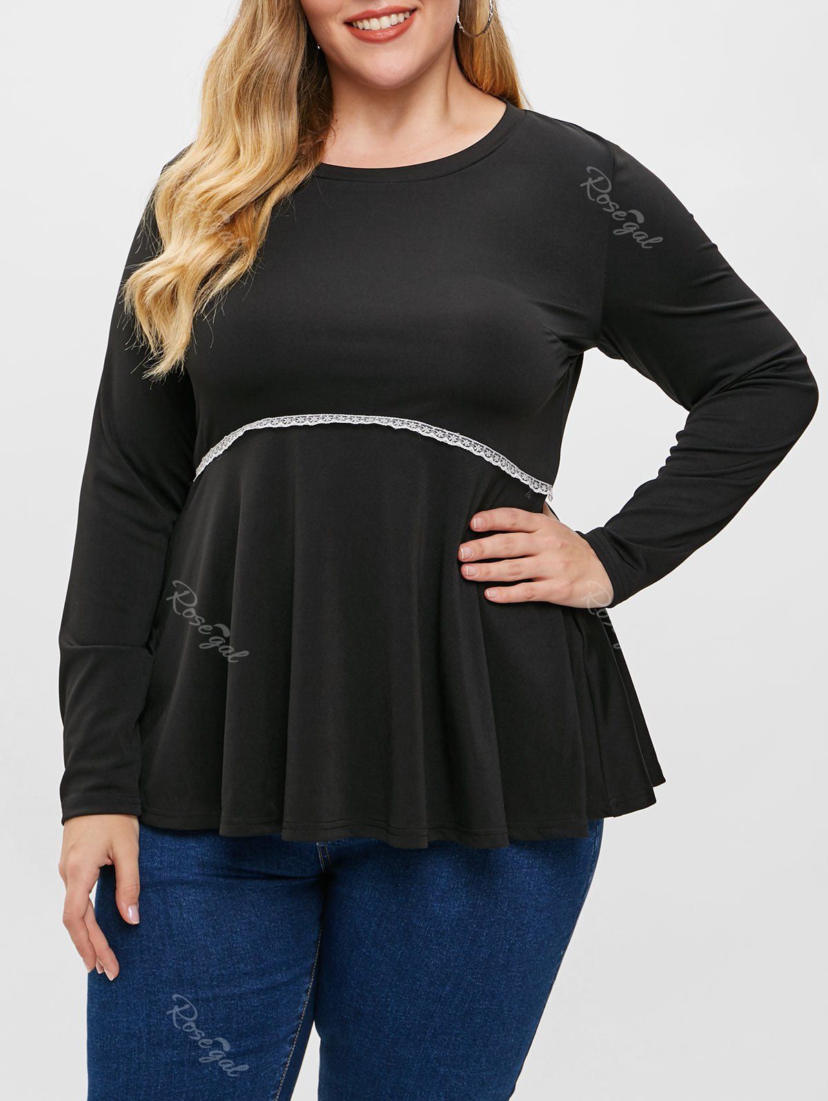 

Plus Size Contrast Lace Peplum T-shirt, Black