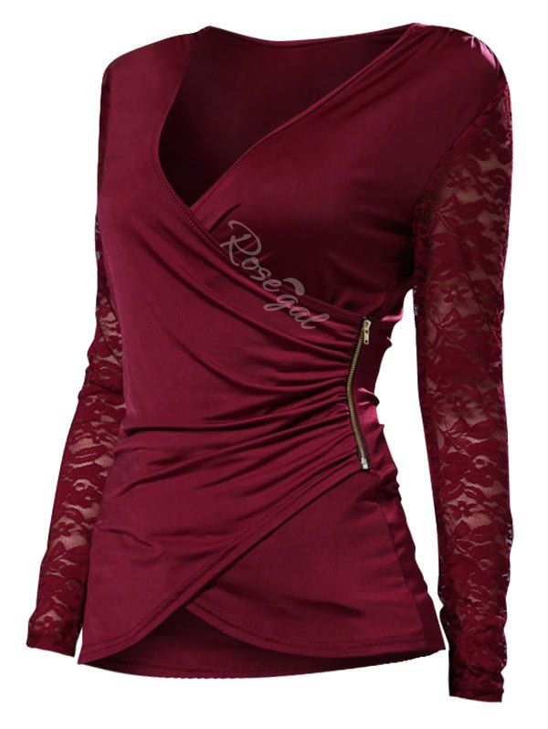 Plus Size Lace Spliced Zip Long Sleeves Wrap Tee, Red wine
