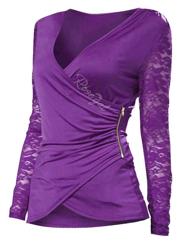 

Plus Size Lace Spliced Zip Long Sleeves Wrap Tee, Violet