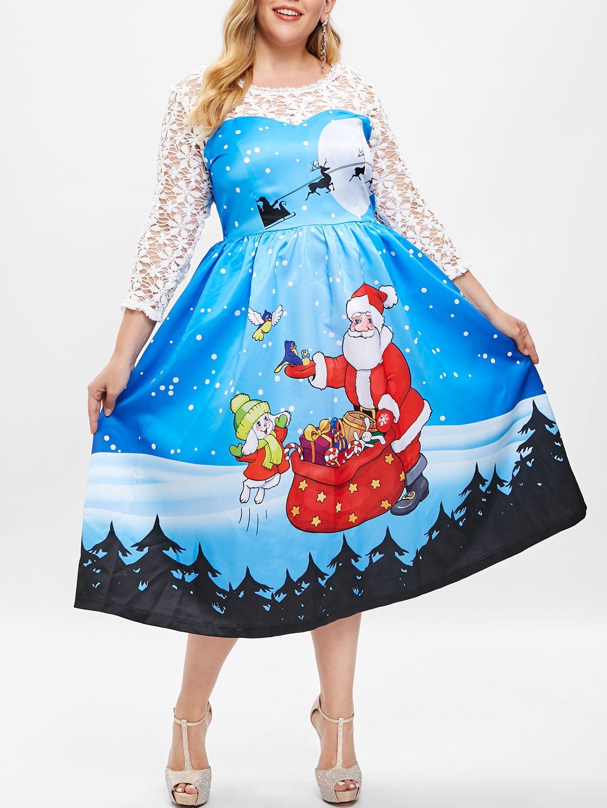 

Plus Size Christmas Lace Insert Dress, Deep sky blue