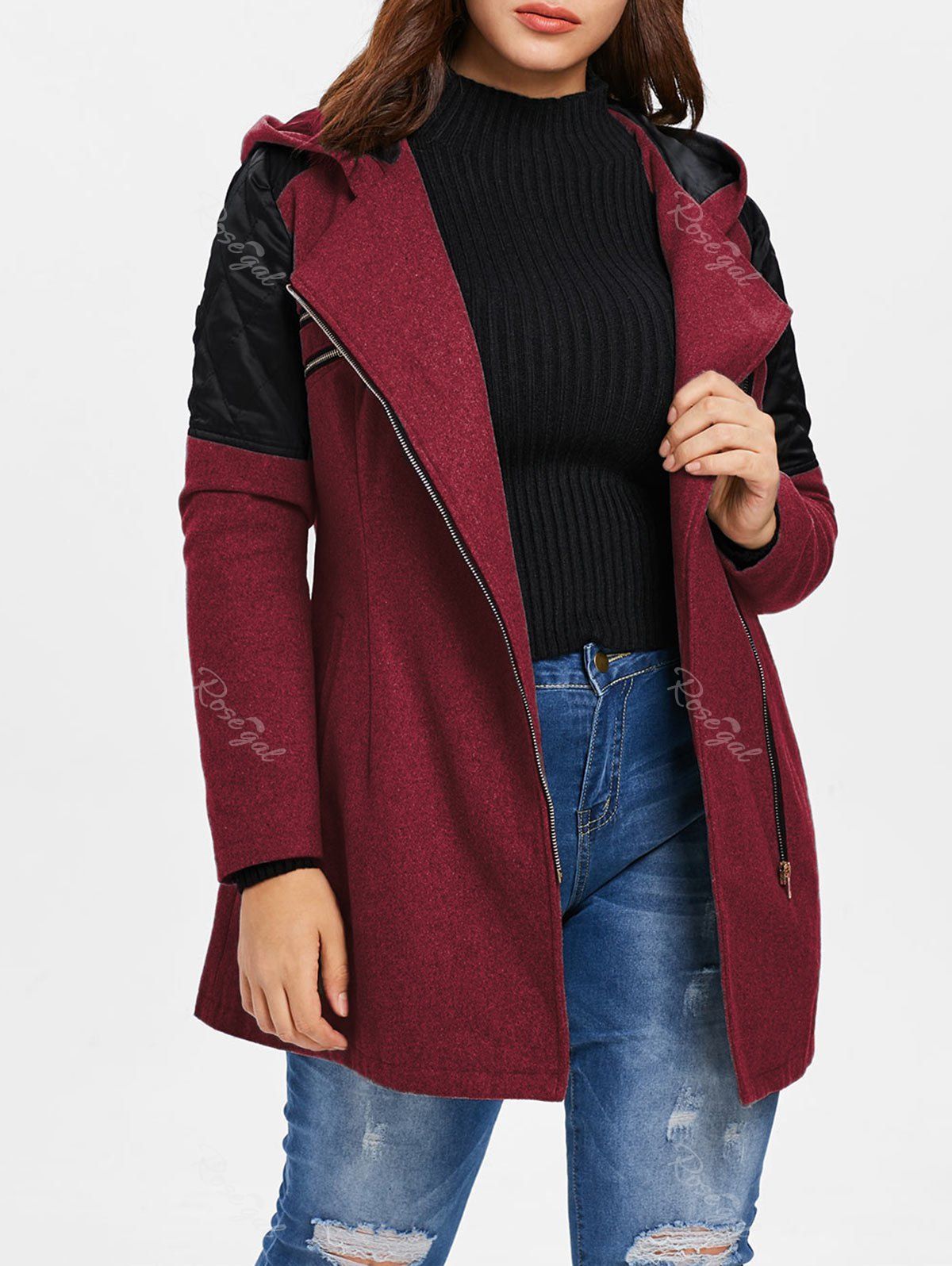 Plus Size Contrast Zippered Woollen Coat