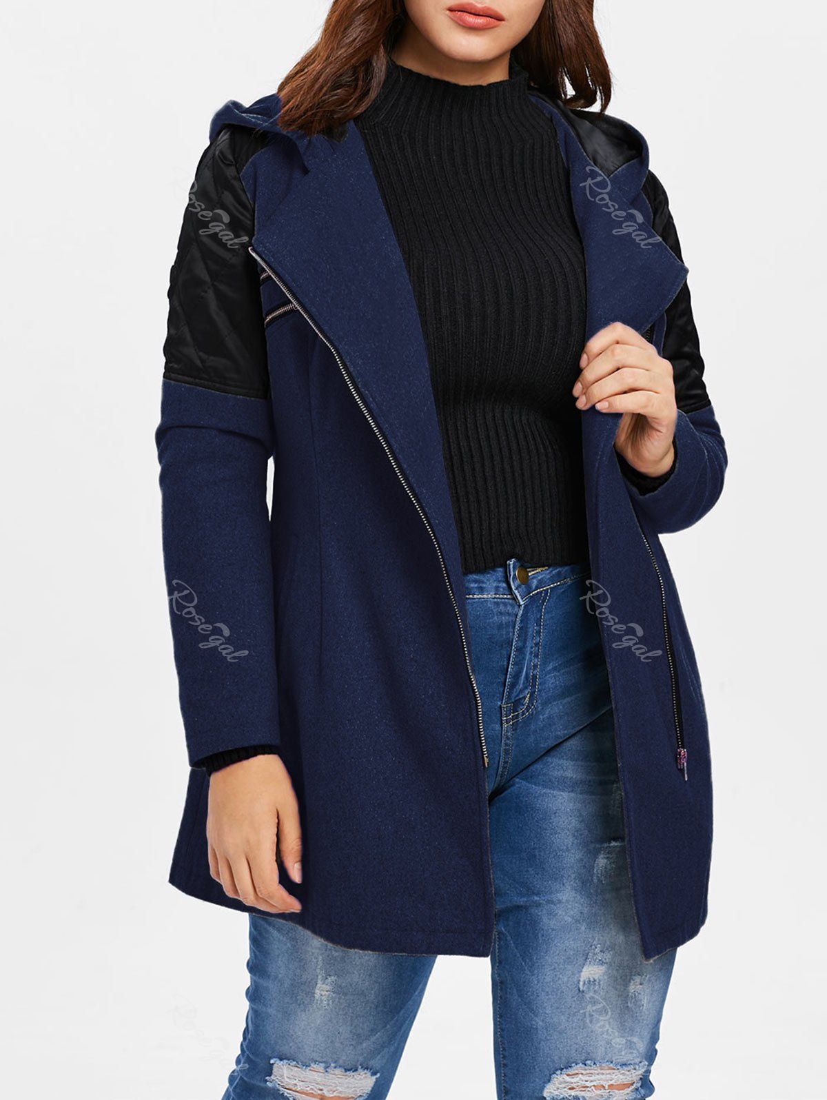 

Plus Size Contrast Zippered Woollen Coat, Midnight blue