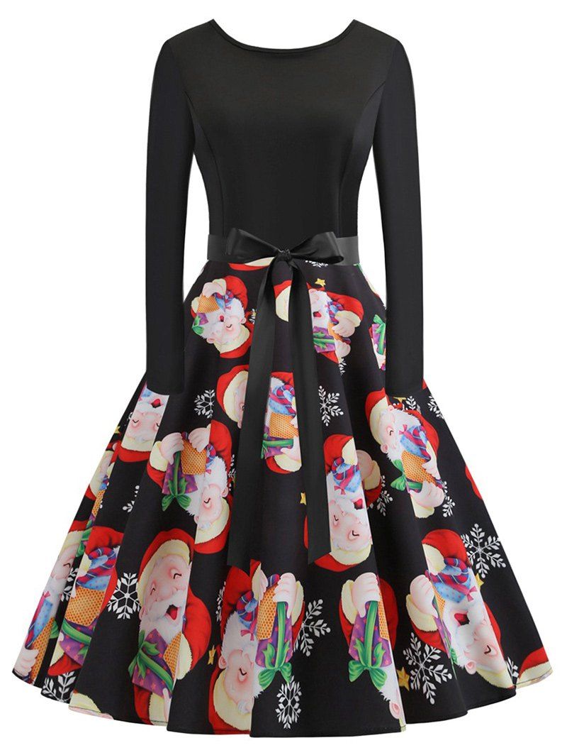

Plus Size Vintage Christmas Long Sleeves Printed Dress, Black