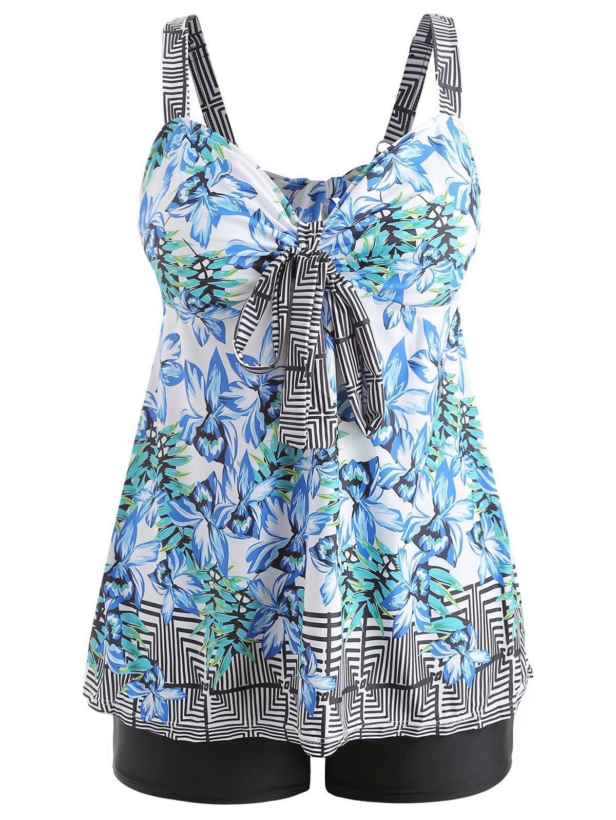 

Back Cut Out Plus Size Floral Tankini Set, Deep sky blue