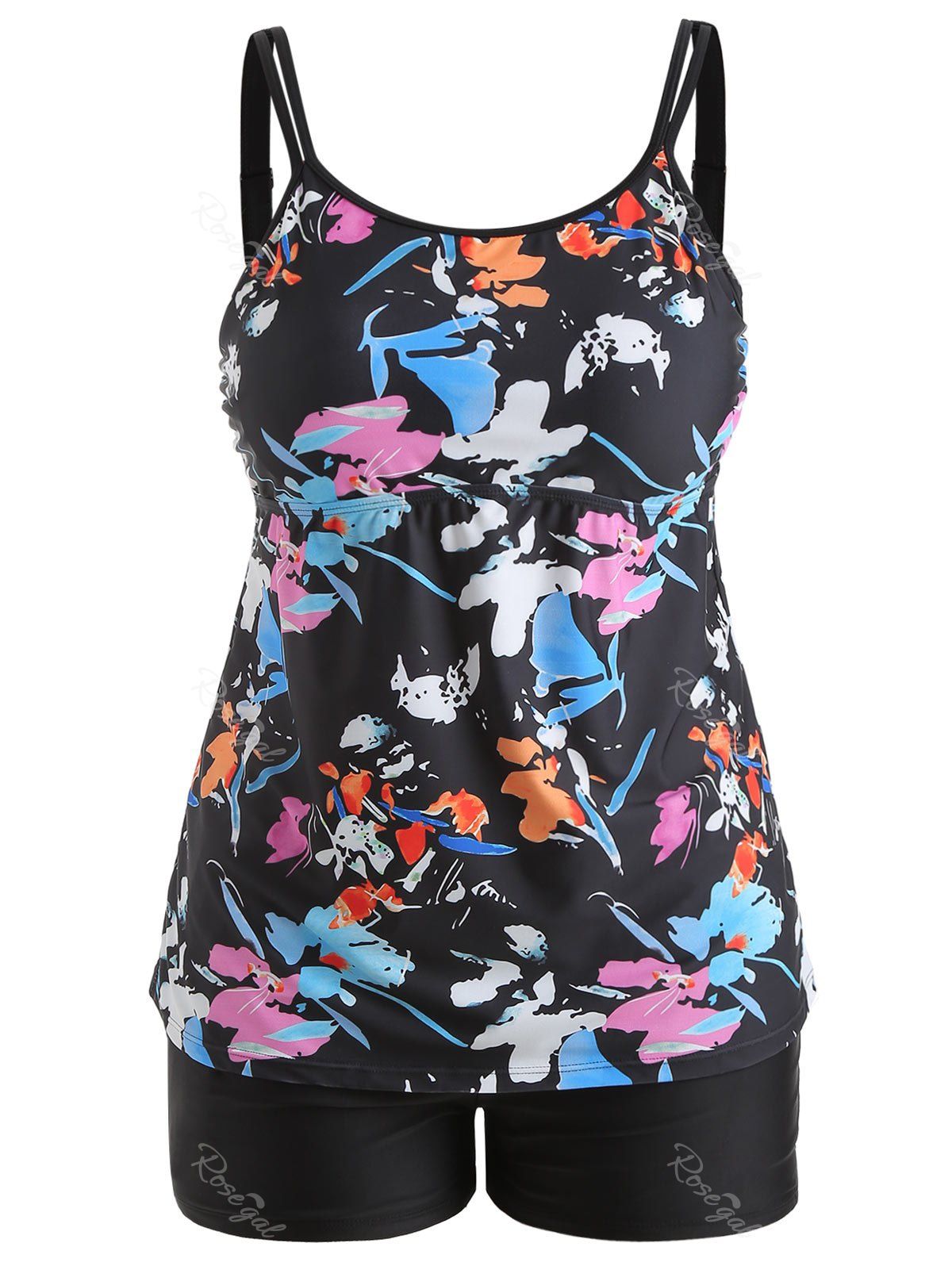 

Plus Size Padded Floral Print Tankini Set, Black