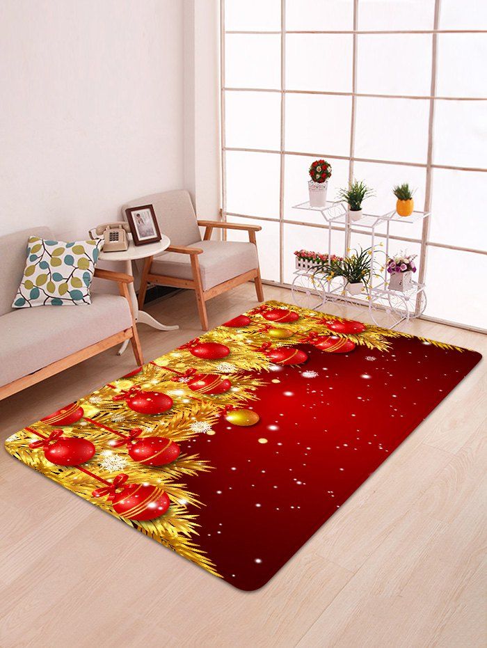 

Christmas Ball Gold Leaves Pattern Non-slip Area Rug, Lava red