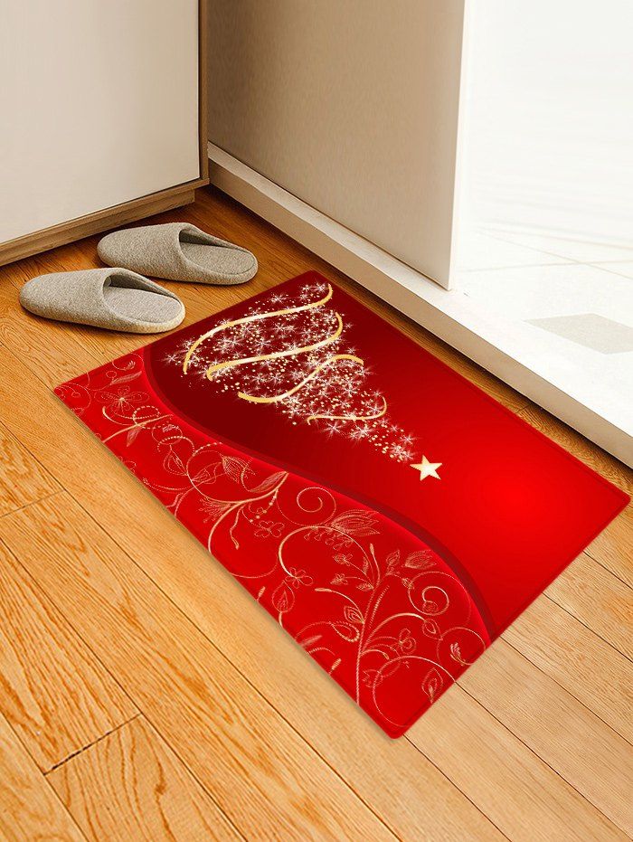 

Christmas Tree and Star Print Water Absorption Area Rug, Lava red