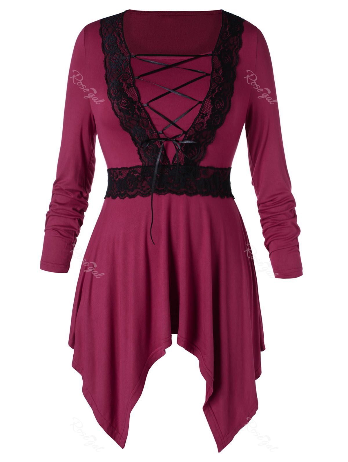 

Plus Size Lace Up High Low Dress, Red wine