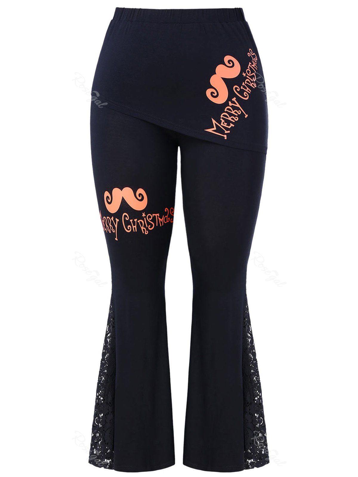 

Plus Size Christmas Lace Insert Flare Pants, Black
