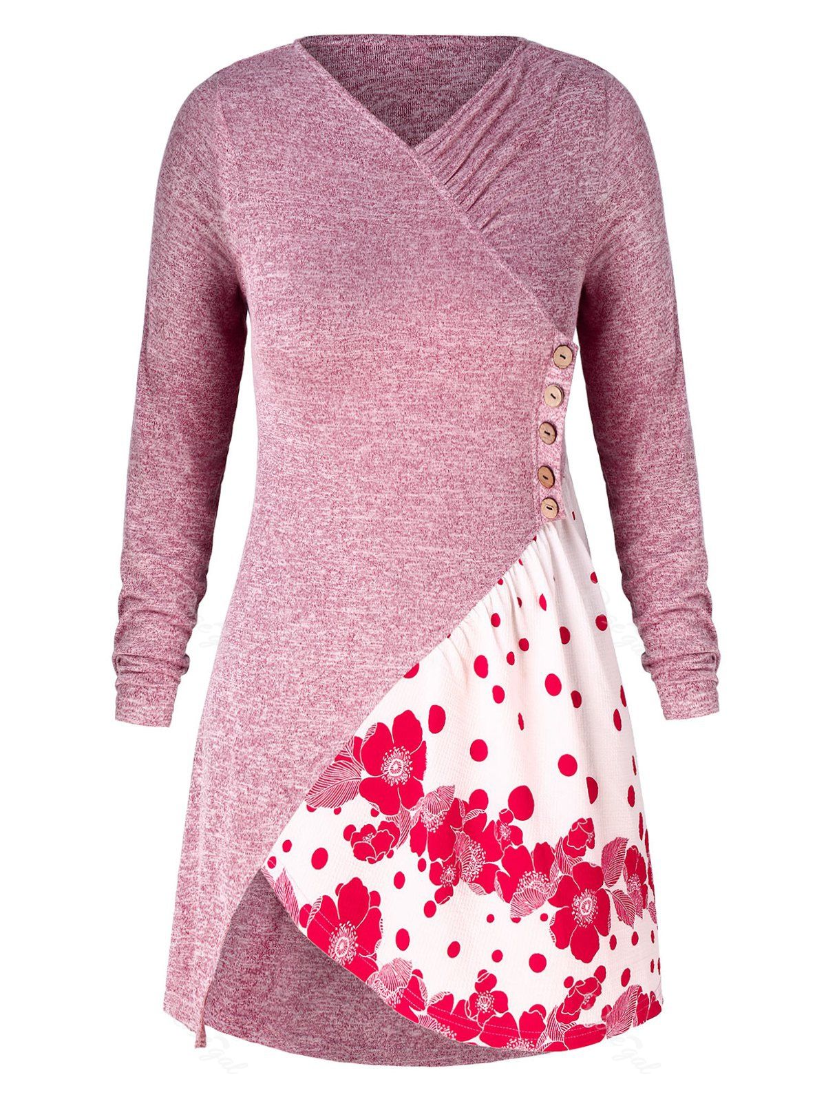 

Plus Size Floral and Polka Dot Splicing T-shirt, Rosso red