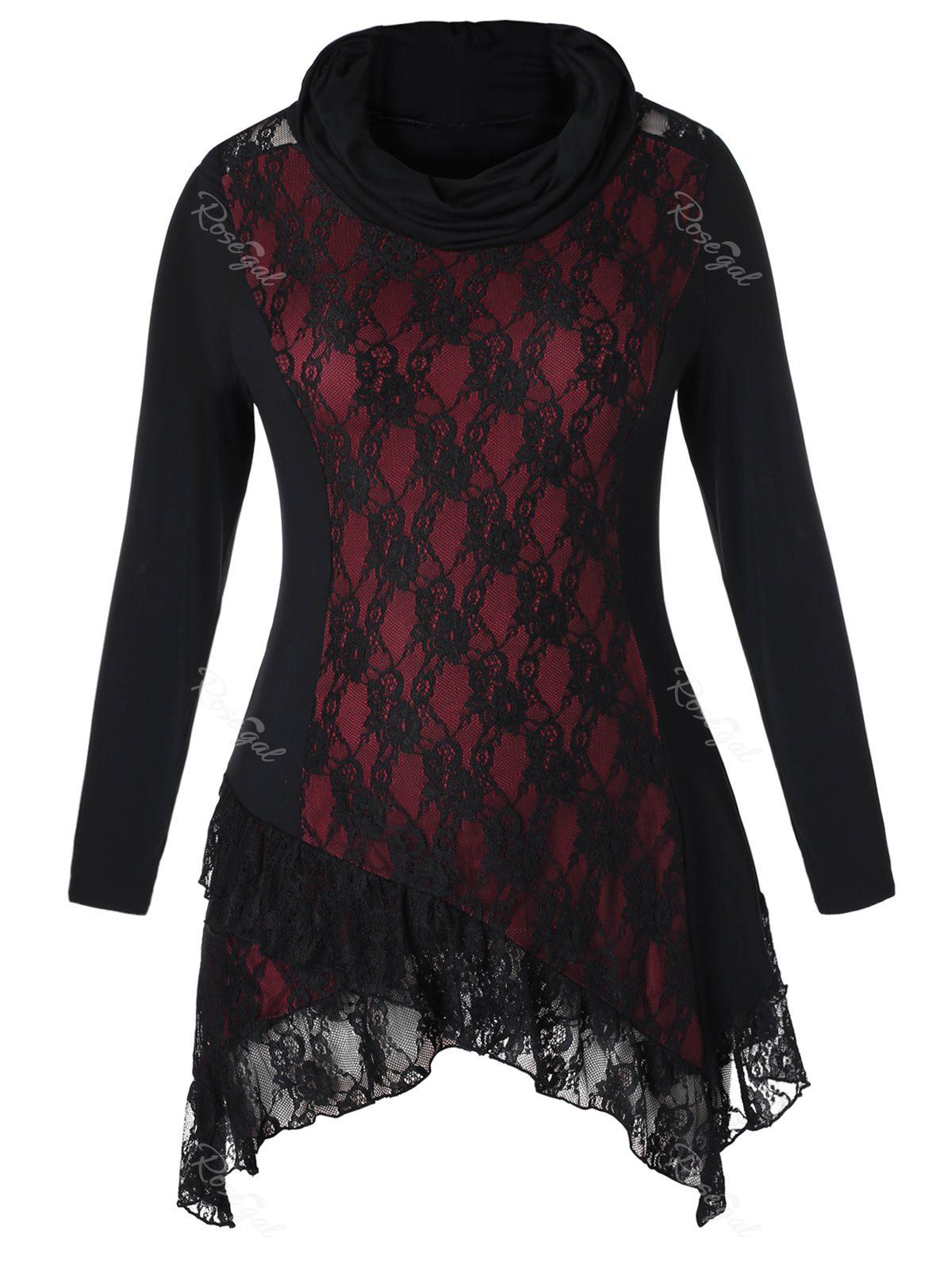 

Plus Size Asymmetrical Cowl Neck Lace Insert T-shirt, Black