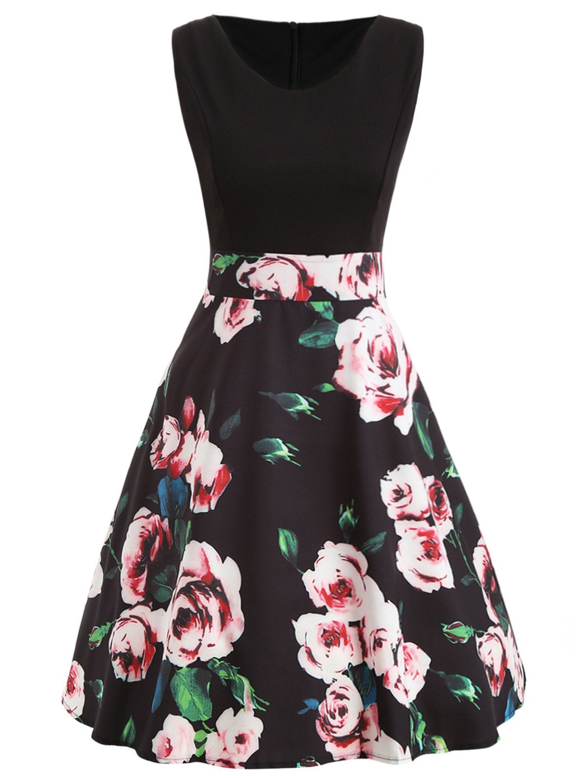 vintage print a line high waisted dress