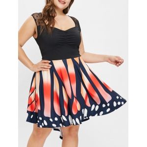 

Mesh Panel Butterfly Print Plus Size Vintage Dress, Black