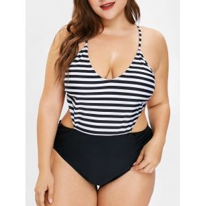 

Striped Cut Out Plus Size Swimsuit, Black