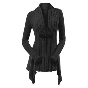 

Cable Knit Asymmetrical Long Cardigan, Black