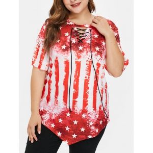 

Plus Size American Flag Tee with Lace Up, Red