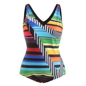

Color Block Plus Size V Neck Swimwear, Black