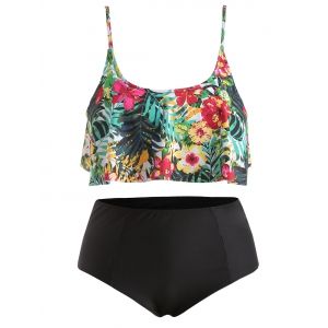 

Ruffle Trim Plus Size Floral Print Bikini Set, Black