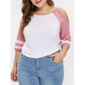 

Plus Size Cold Shoulder Contrast Tee, Pink