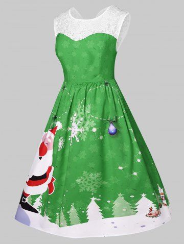 

Christmas Plus Size Santa Claus Print Pin Up Dress, Clover green