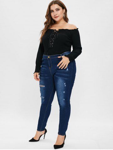 

Plus Size Off Shoulder Ribbed Tee with Lace Up, Black