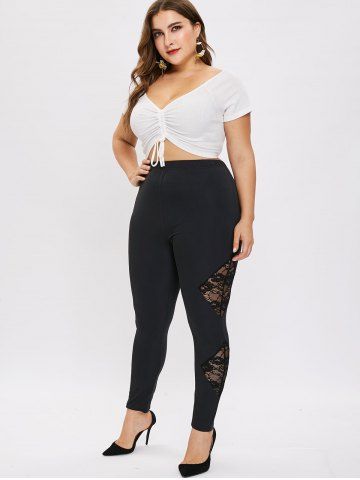 

Plus Size Floral Embroidered Leggings with Lace, Black