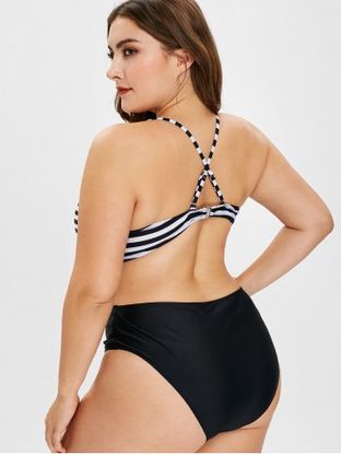 Plus Size 1950s Criss Cross Striped Swimsuit