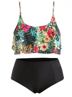 Ruffle Trim Plus Size Floral Print Bikini Set - BLACK - 3X