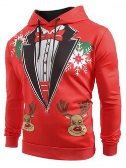 Christmas Deer Snowflakes Faux Collar Print Casual Hoodie - RED - 2XL