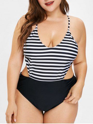 Plus Size 1950s Criss Cross Striped Swimsuit - BLACK - L